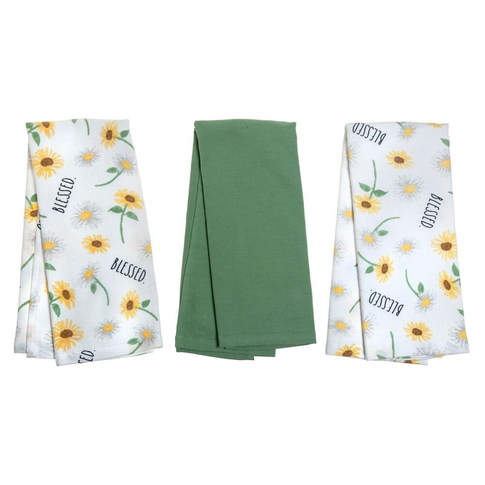 Rae Dunn Blessed Kitchen Towels Daisy Green Brown White Cotton 3-piece NEW